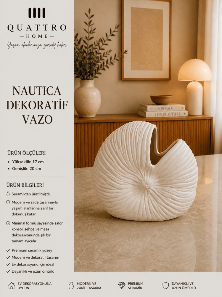 Nautica Beyaz Deniz Kabuğu Formlu Seramik Dekoratif Vazo  – Modern Masa Objesi