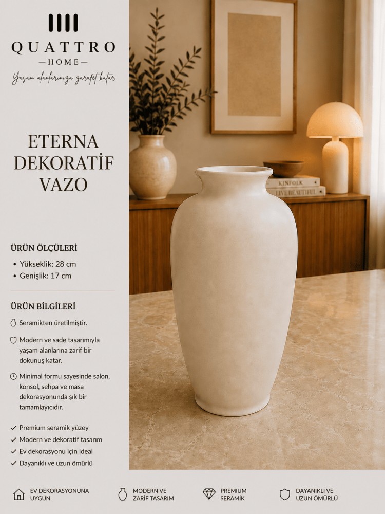 Eterna Beyaz Klasik Form Seramik Dekoratif Vazo – Modern Salon ve Konsol Aksesuarı