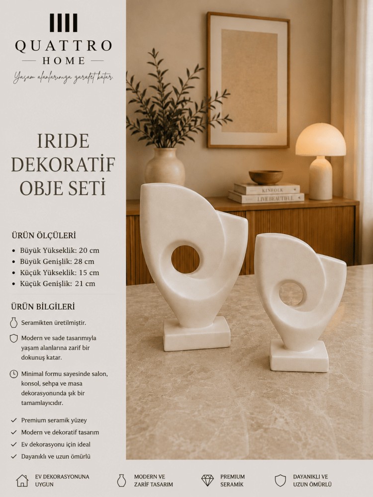 Iride 2’li Beyaz Seramik Dekoratif Obje Seti – Modern Heykelsi Tasarım