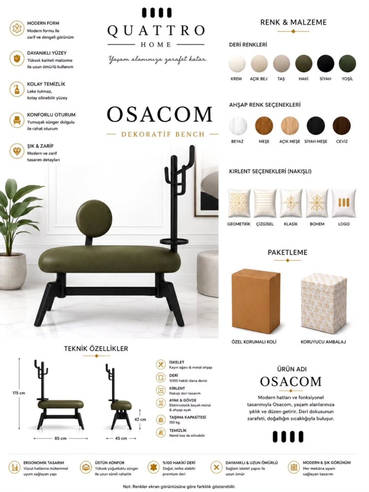 Osacom Askılıklı Dekoratif Bench – Hakiki Deri Oturumlu, Metal ve Ahşap Gövdeli