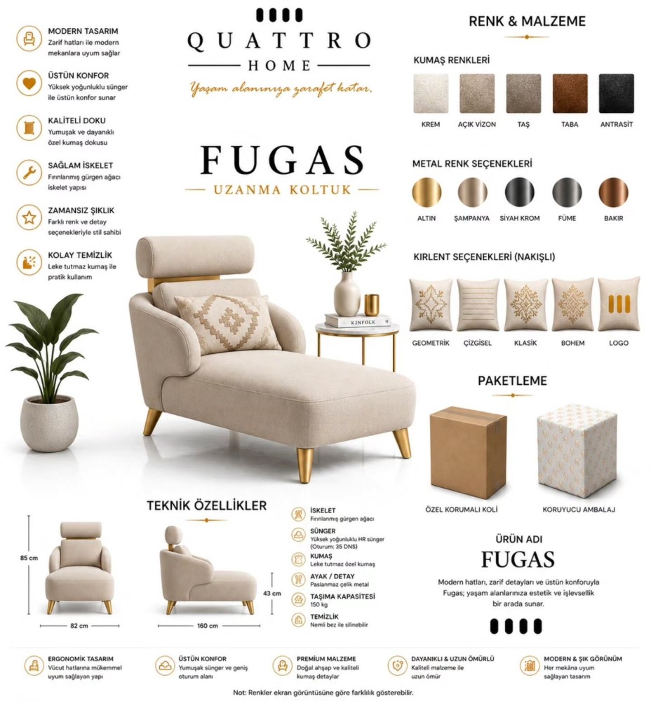 Fugas Uzanma Koltuğu – Premium Kumaşlı, Metal Ayaklı Modern Şezlong