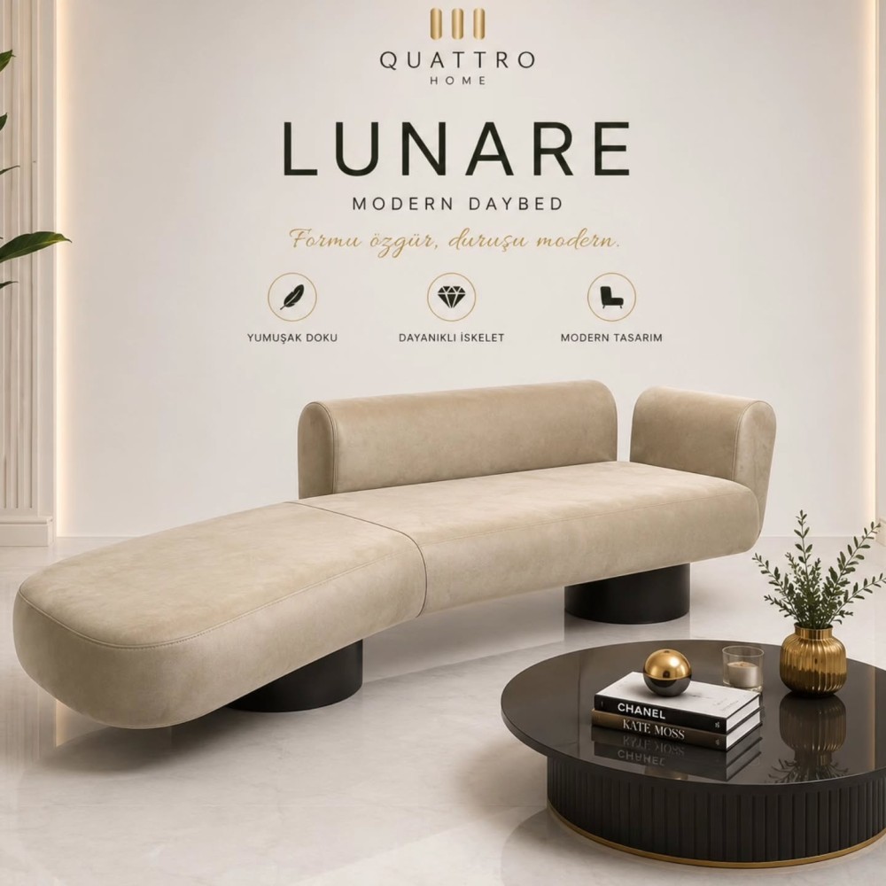 Lunare Modern Daybed Şezlong Kanepe – Bej Döşemeli, Modern Tasarım