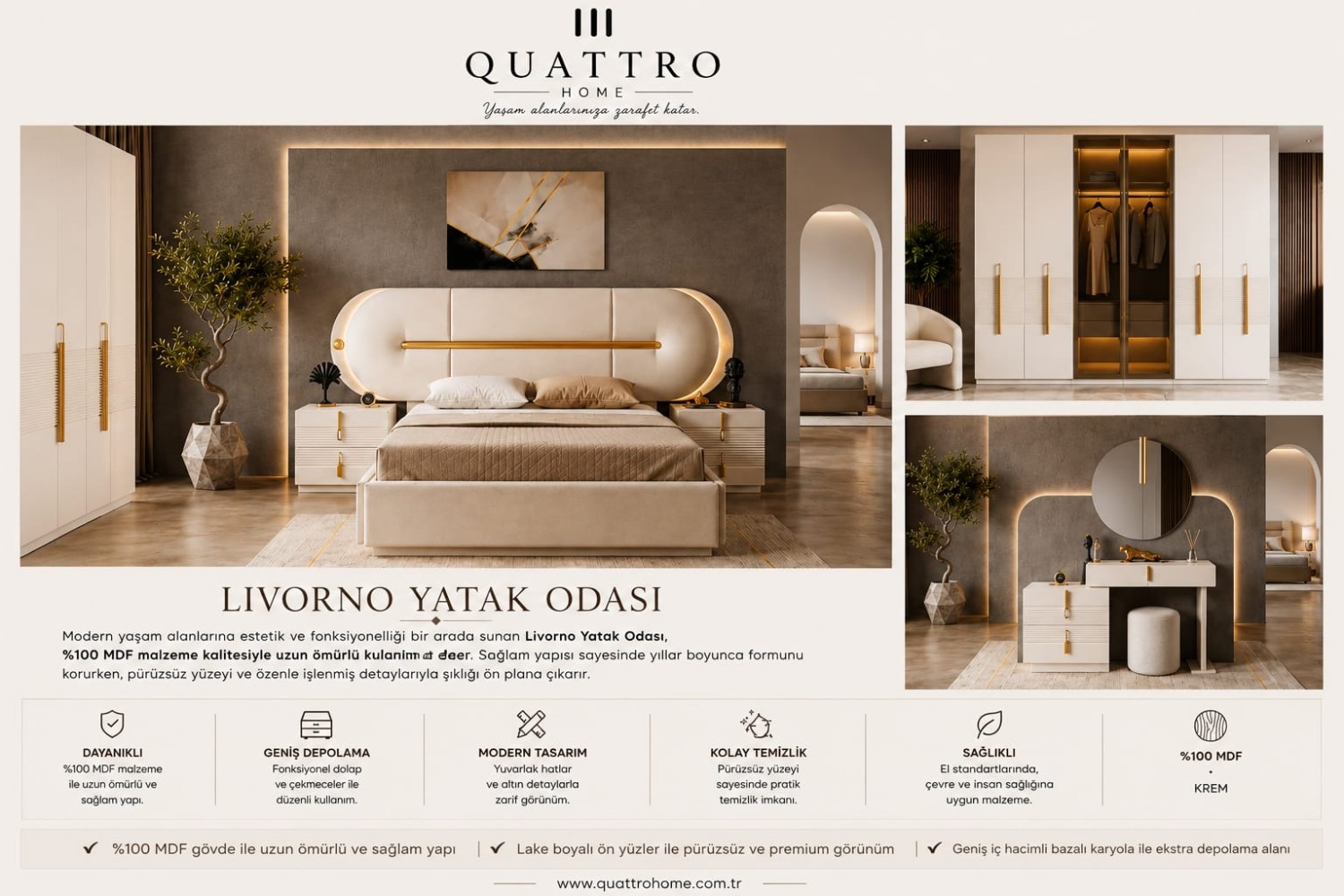 Livorno Krem Modern Gold Detaylı Yatak Odası Takımı