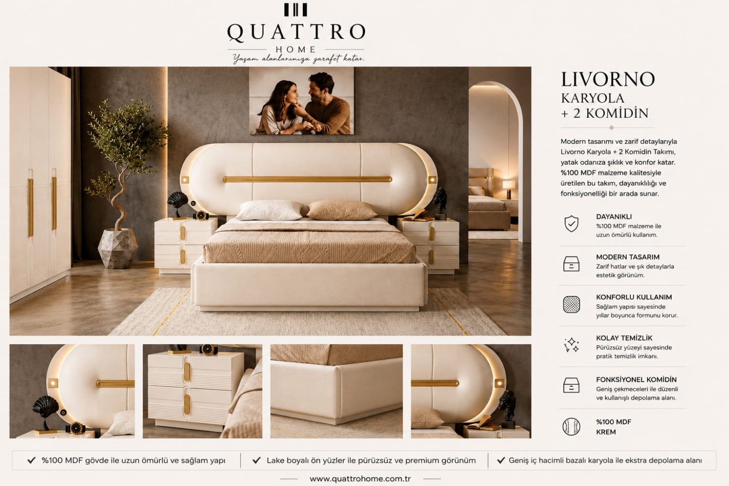 Livorno Krem Modern Gold Detaylı Yatak Odası Takımı görsel 2