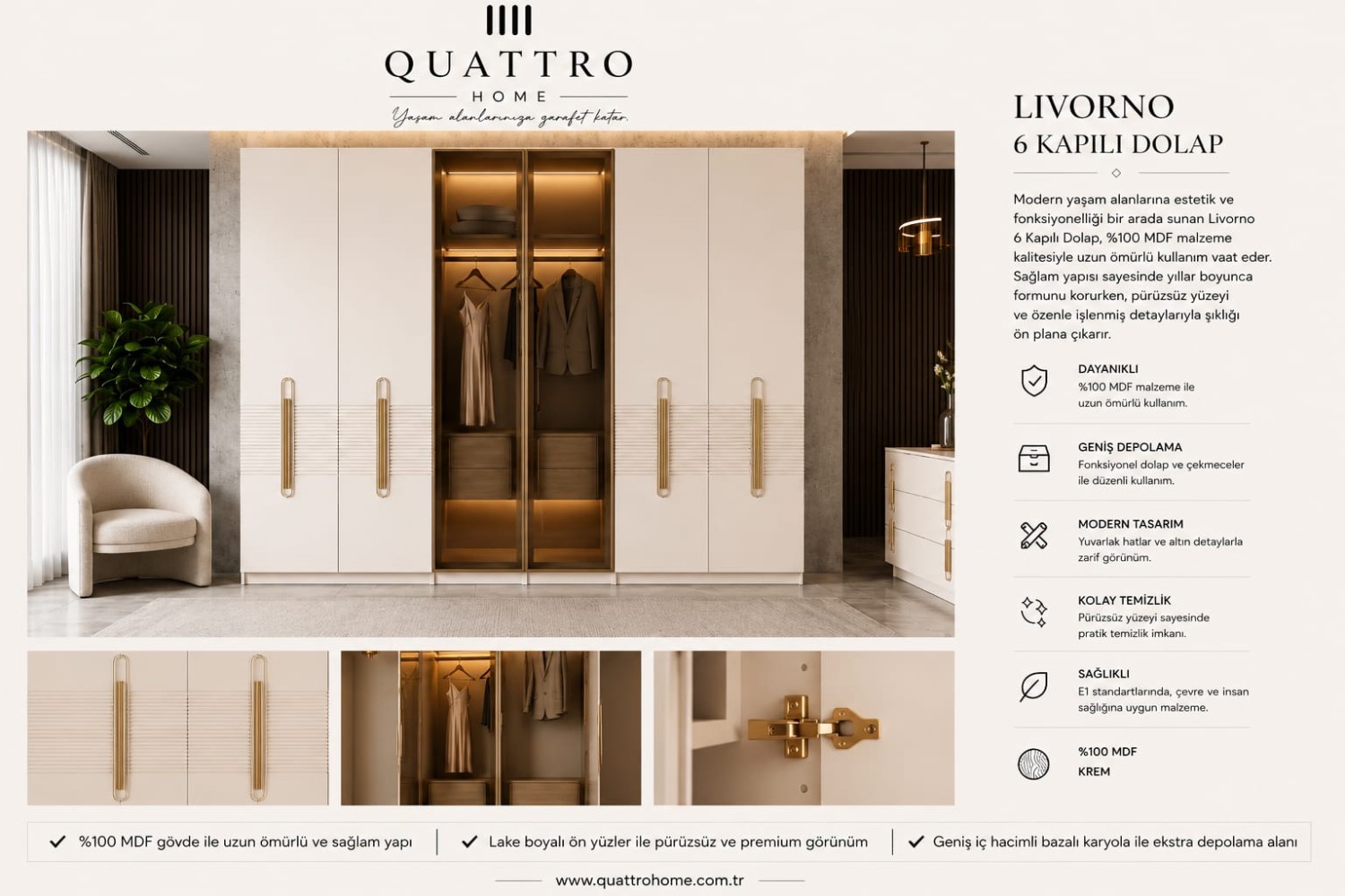 Livorno Krem Modern Gold Detaylı Yatak Odası Takımı görsel 3