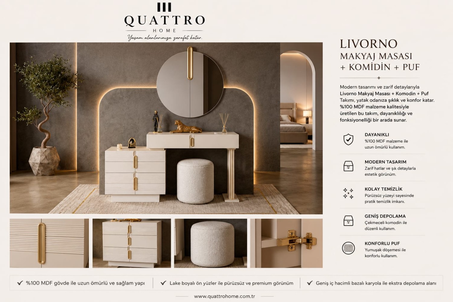 Livorno Krem Modern Gold Detaylı Yatak Odası Takımı görsel 4