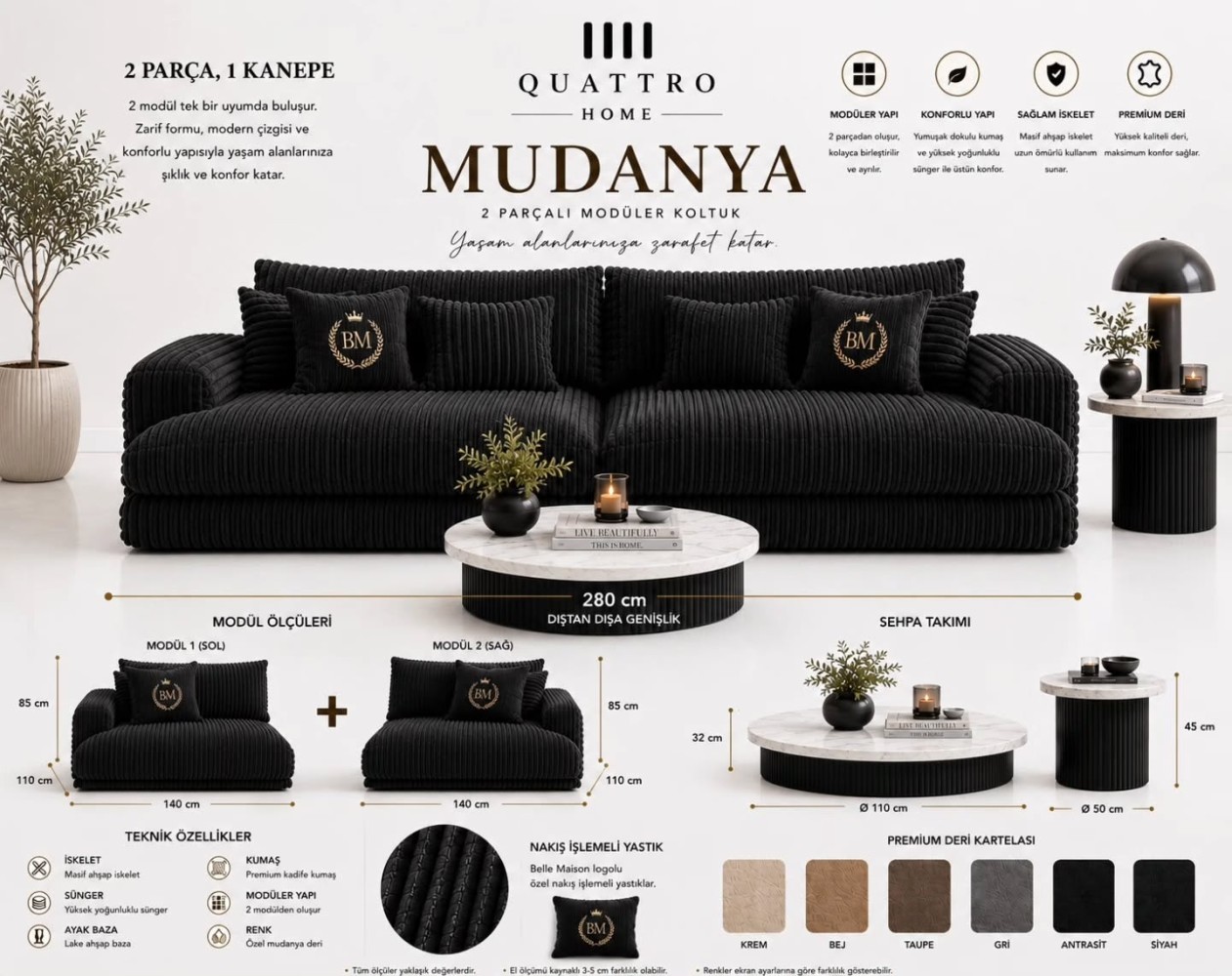 Mudanya 2 Parçalı Modüler Koltuk – Premium Döşemeli, Masif Ahşap İskeletli 280 cm