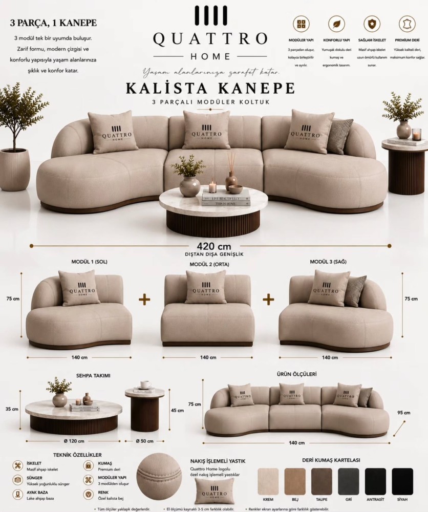 Kalista 3 Parçalı Modüler Koltuk – Premium Deri, Masif Ahşap İskeletli 420 cm