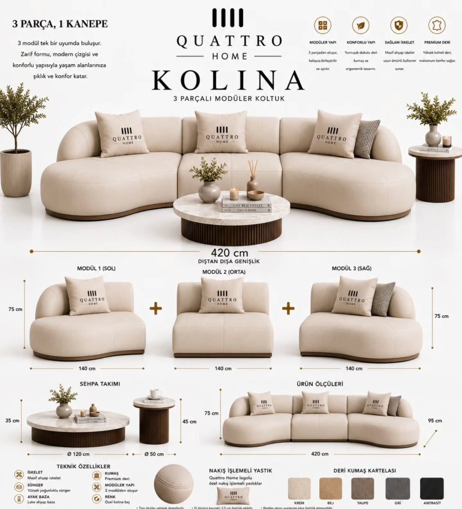 Kolina 3 Parçalı Modüler Koltuk – Premium Deri, Masif Ahşap İskeletli 420 cm
