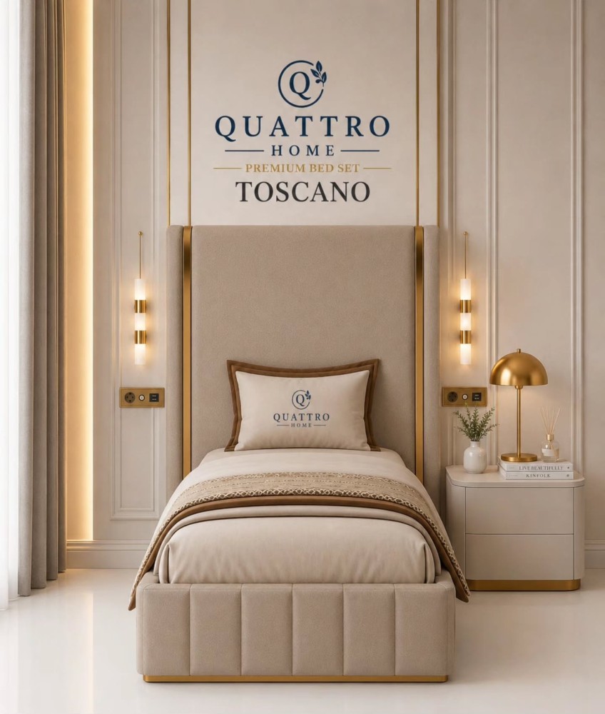 Toscano Premium Tek Kişilik Döşemeli Baza Başlık Seti – Bej ve Gold Detaylı