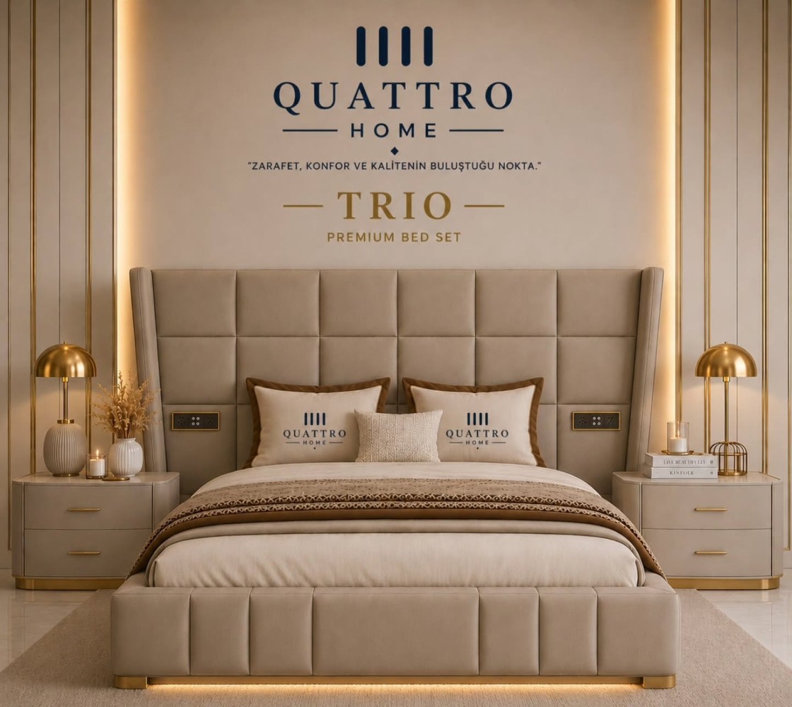 Trio Premium Çift Kişilik Baza ve Başlık Seti – Bej ve Gold Detaylı
