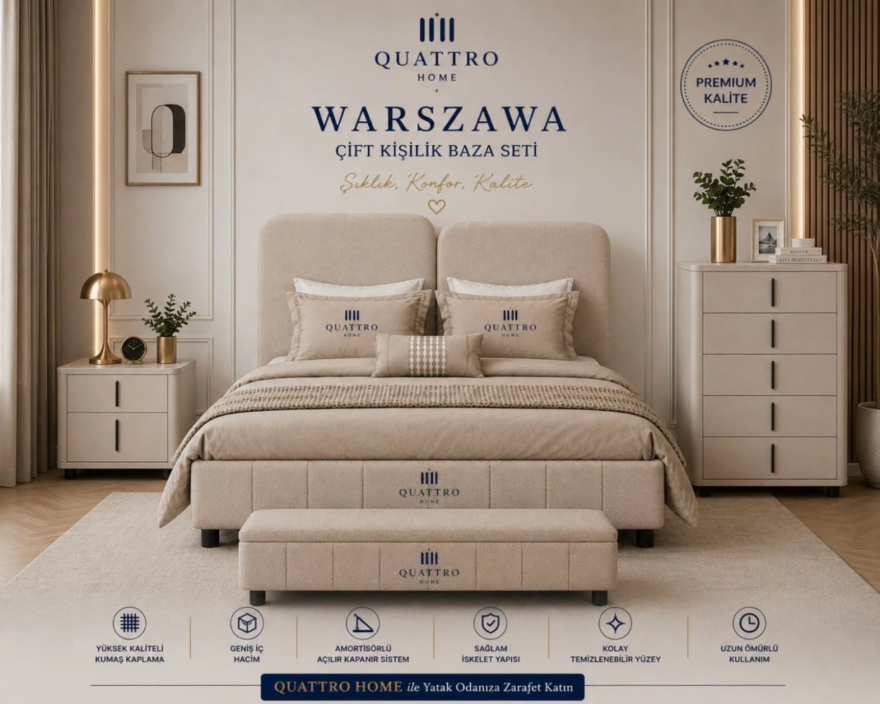Warszawa Çift Kişilik Döşemeli Baza Başlık Seti – Premium Tasarım