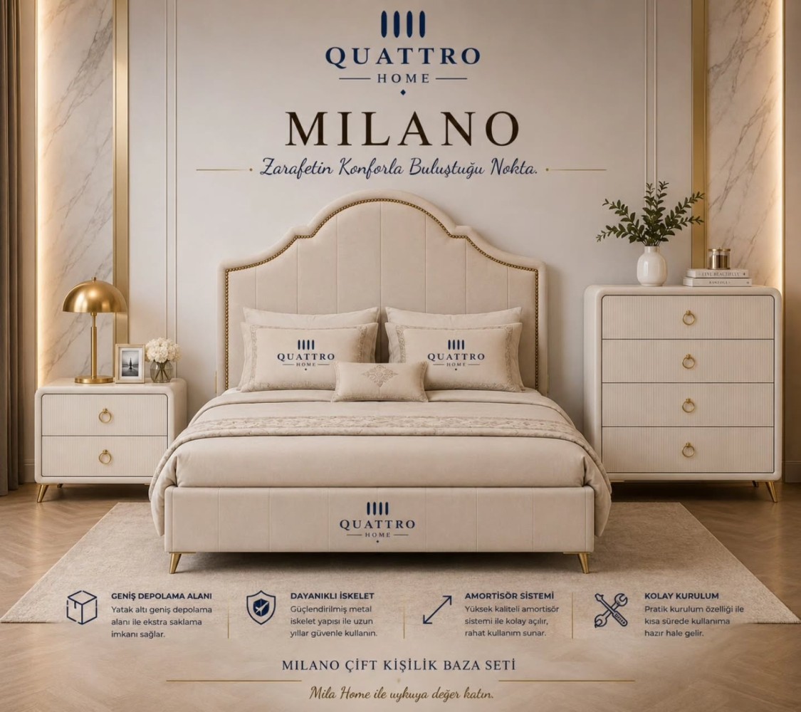 Milano Çift Kişilik Döşemeli Baza Başlık Seti – Krem ve Gold Detaylı