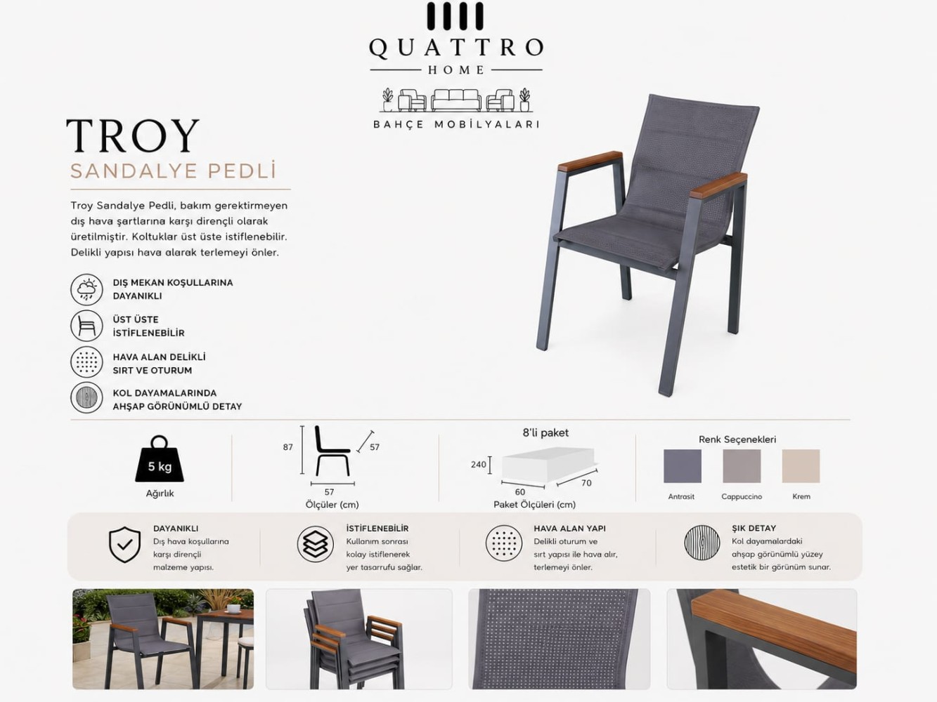 Quattro Home Troy Alüminyum Bahçe Sandalyesi Ahşap Kol Detaylı
