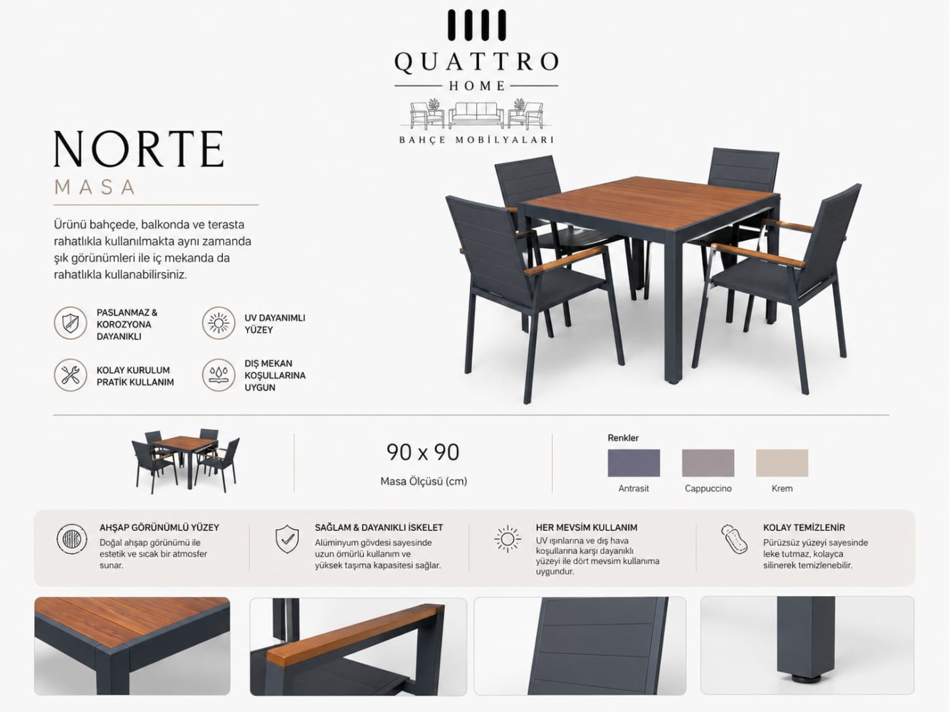 Quattro Home Norte 90x90 Alüminyum Bahçe Masası Ahşap Görünümlü Kare Dış Mekan Masa UV ve Suya Dayanıklı