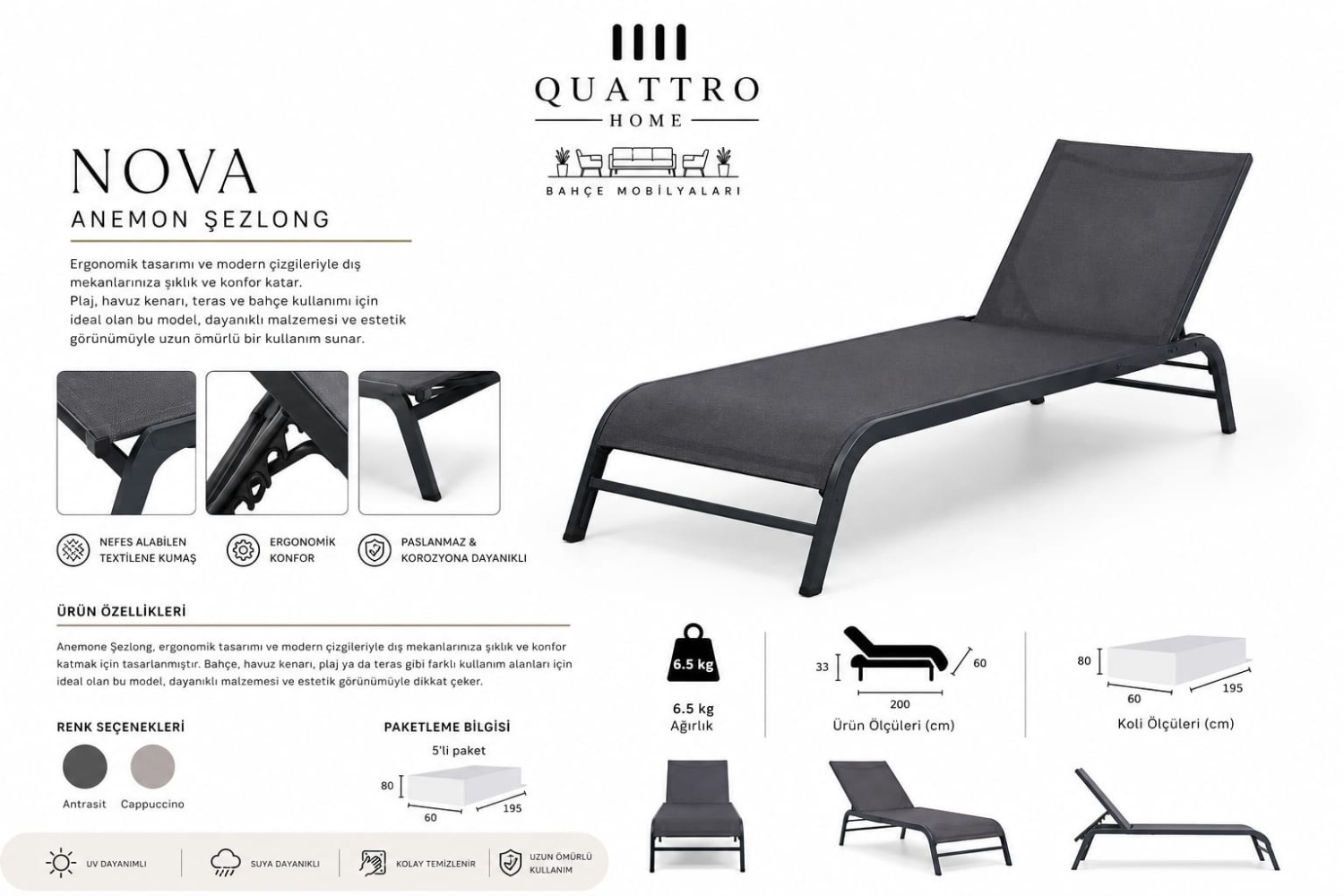 Quattro Home Nova Anemon Alüminyum Bahçe Şezlongu Havuz ve Teras Şezlong
