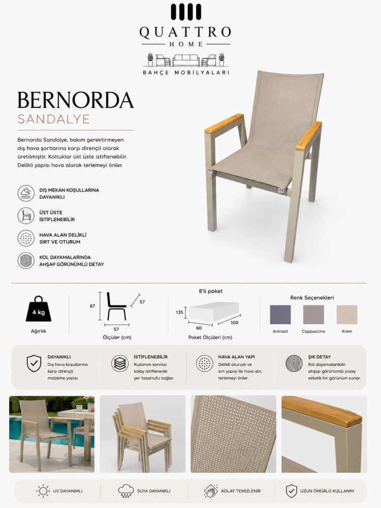 Quattro Home Bernorda Alüminyum Bahçe Sandalyesi İstiflenebilir Textilene Dış Mekan Balkon Teras Sandalyesi