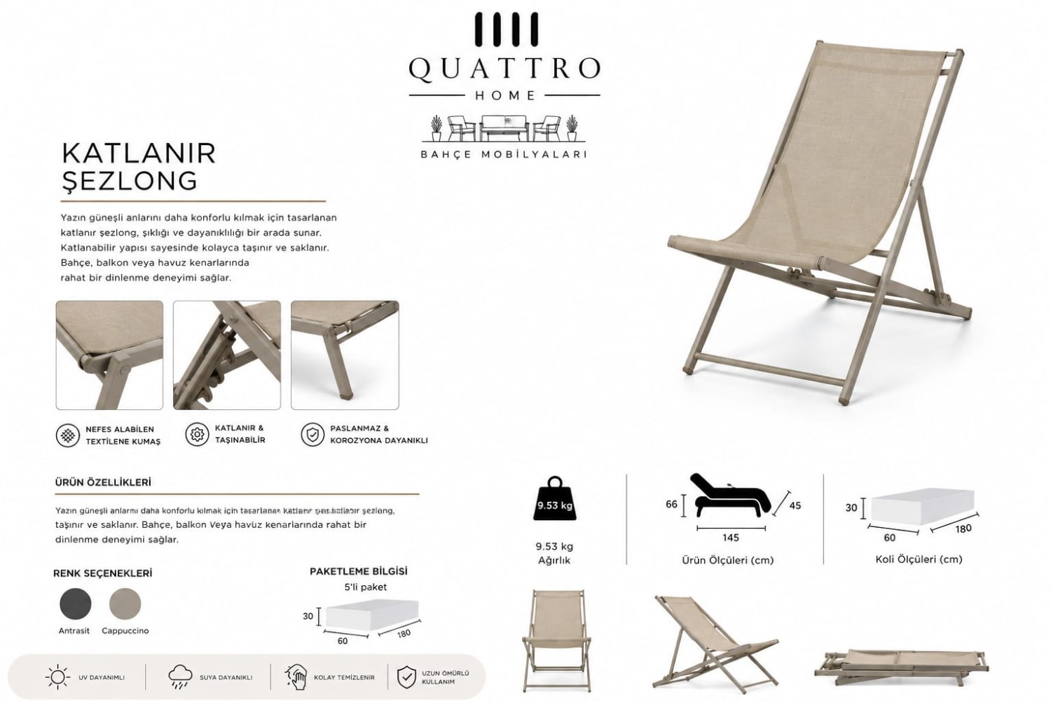 Quattro Home Katlanabilir Alüminyum Bahçe Şezlongu Textilene Kumaşlı Havuz, Balkon ve Teras Şezlongu