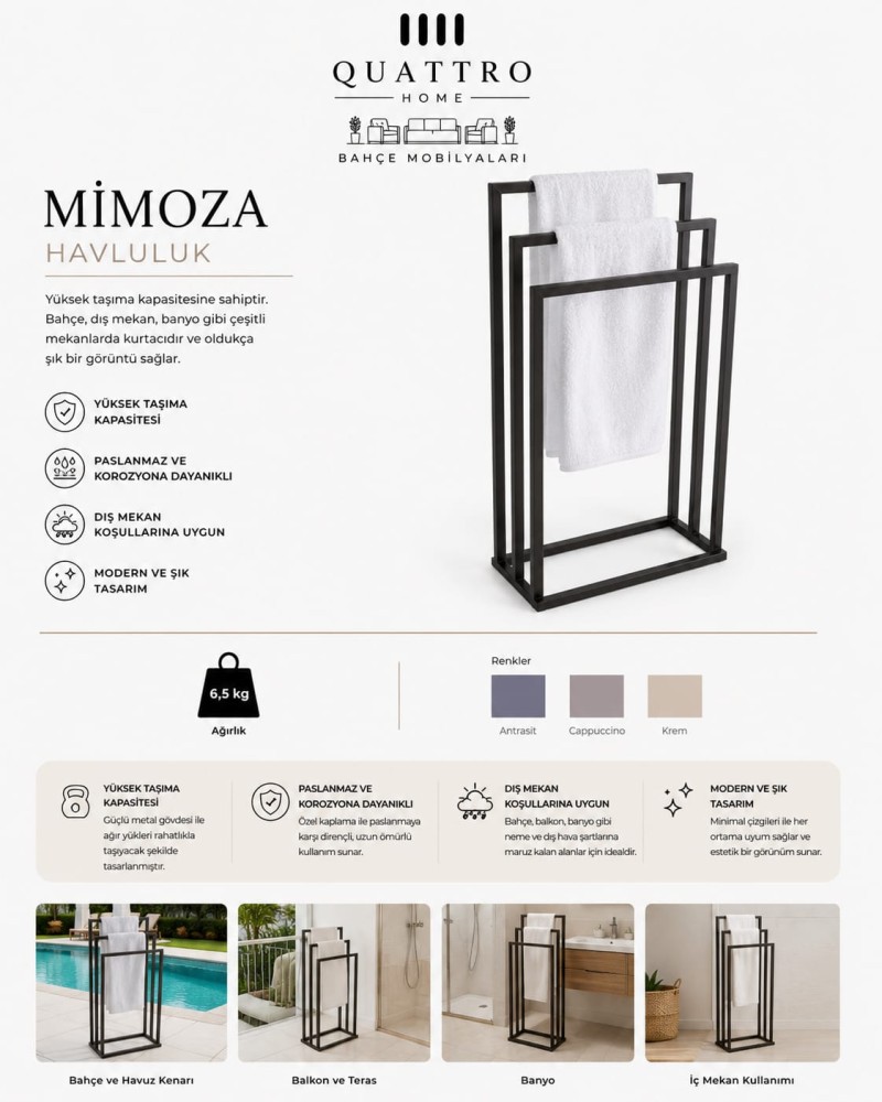 Quattro Home Mimoza Metal Havluluk Ayaklı Havlu Askılığı Banyo ve Havuz Kenarı Havluluk