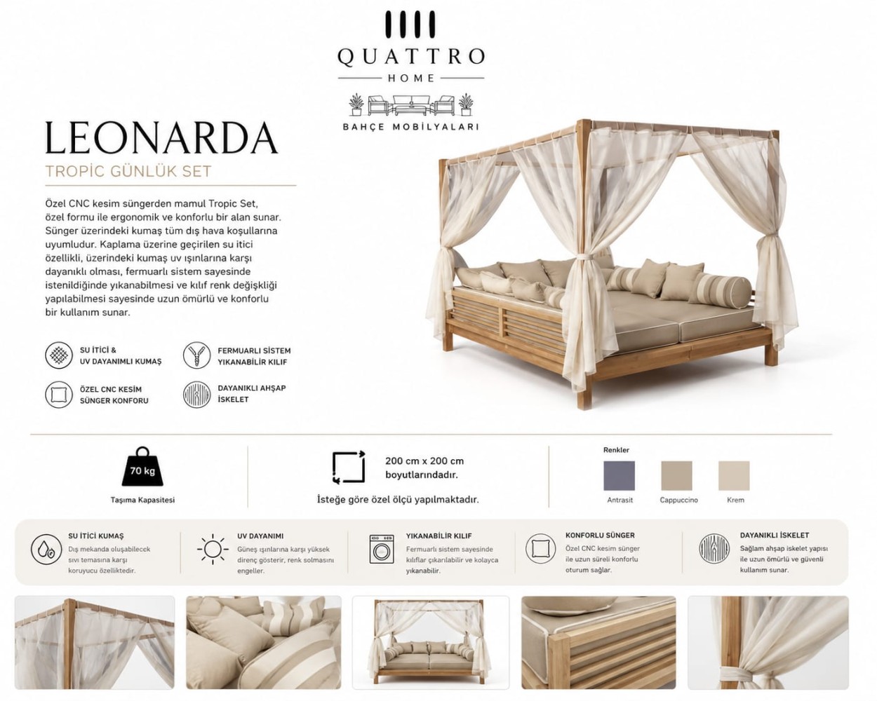 Quattro Home Leonarda Tropic Ahşap Bahçe Günlük Yatağı Perdeli Dış Mekan Daybed Havuz ve Teras Dinlenme Seti