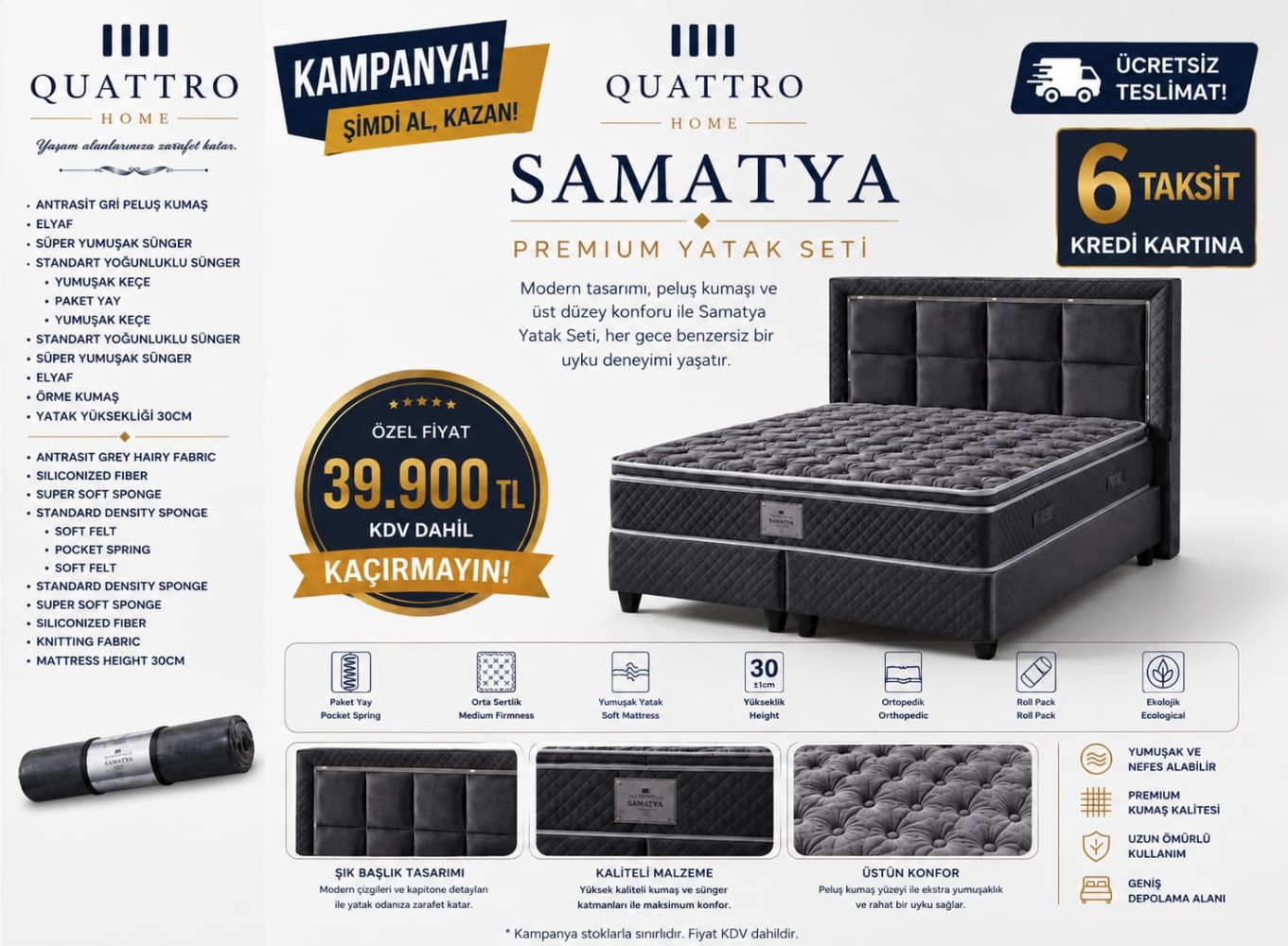 Quattro Home Samatya Premium Çift Kişilik Yatak Seti Baza Başlık Yatak Dahil 30 cm Paket Yaylı Ortopedik Peluş Kumaş
