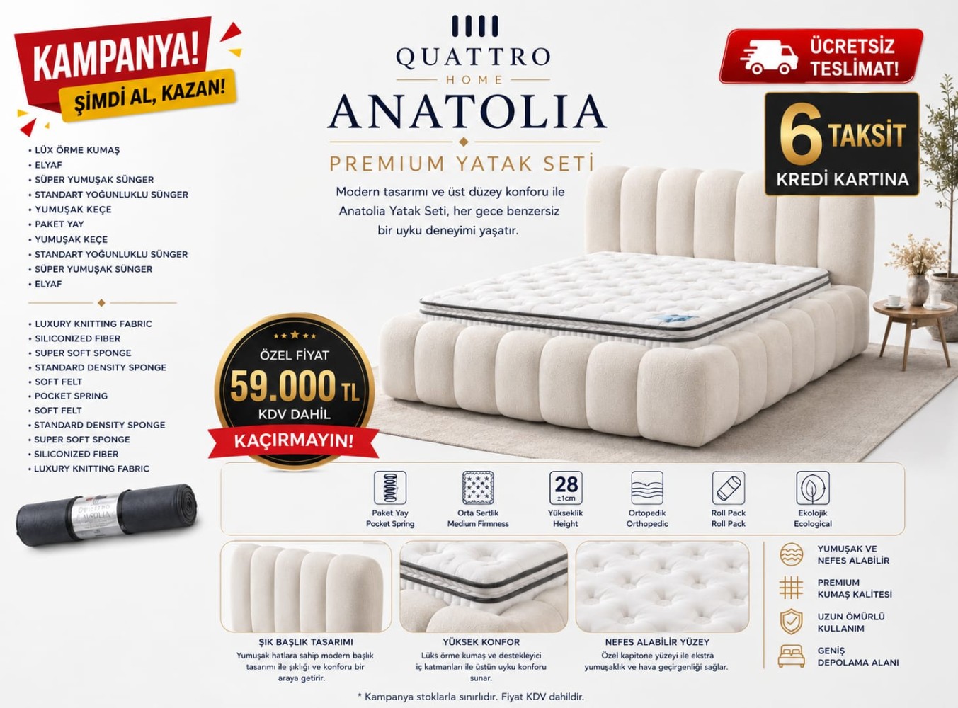 Quattro Home Anatolia Premium Çift Kişilik Yatak 160x200 Seti Baza Başlık Yatak Dahil Paket Yaylı Ortopedik Lüks Örme Kumaş