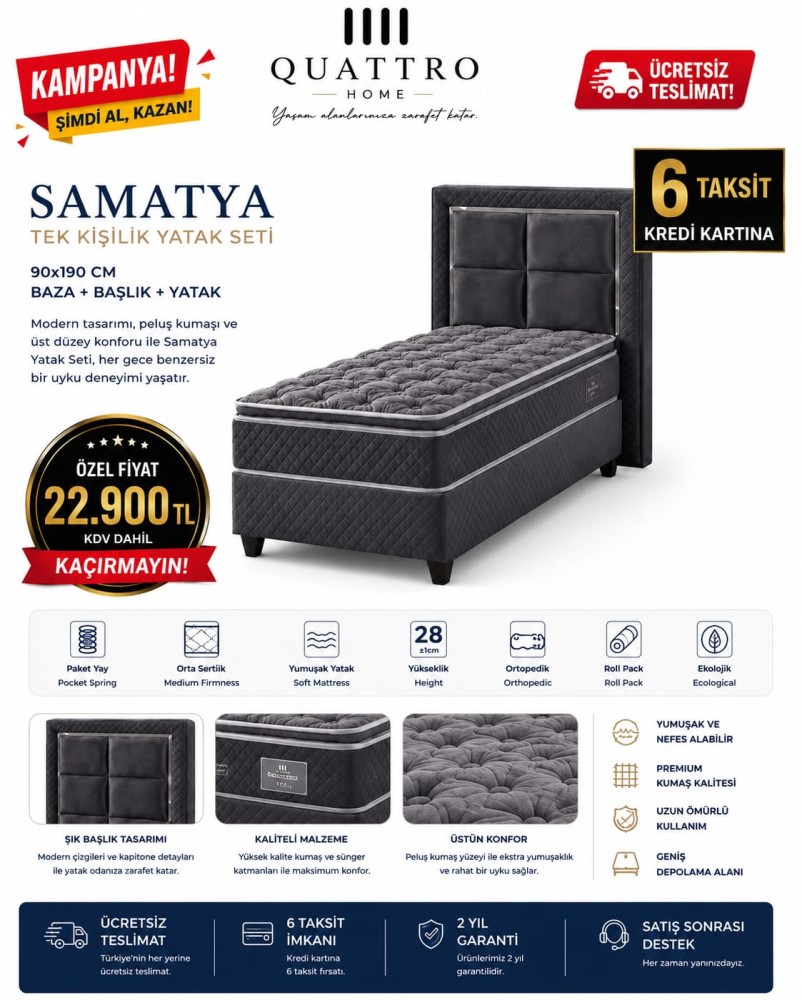 Quattro Home Samatya Tek Kişilik Yatak Seti 90x190 Baza Başlık Yatak Dahil 28 cm Paket Yaylı Ortopedik Peluş Kumaş
