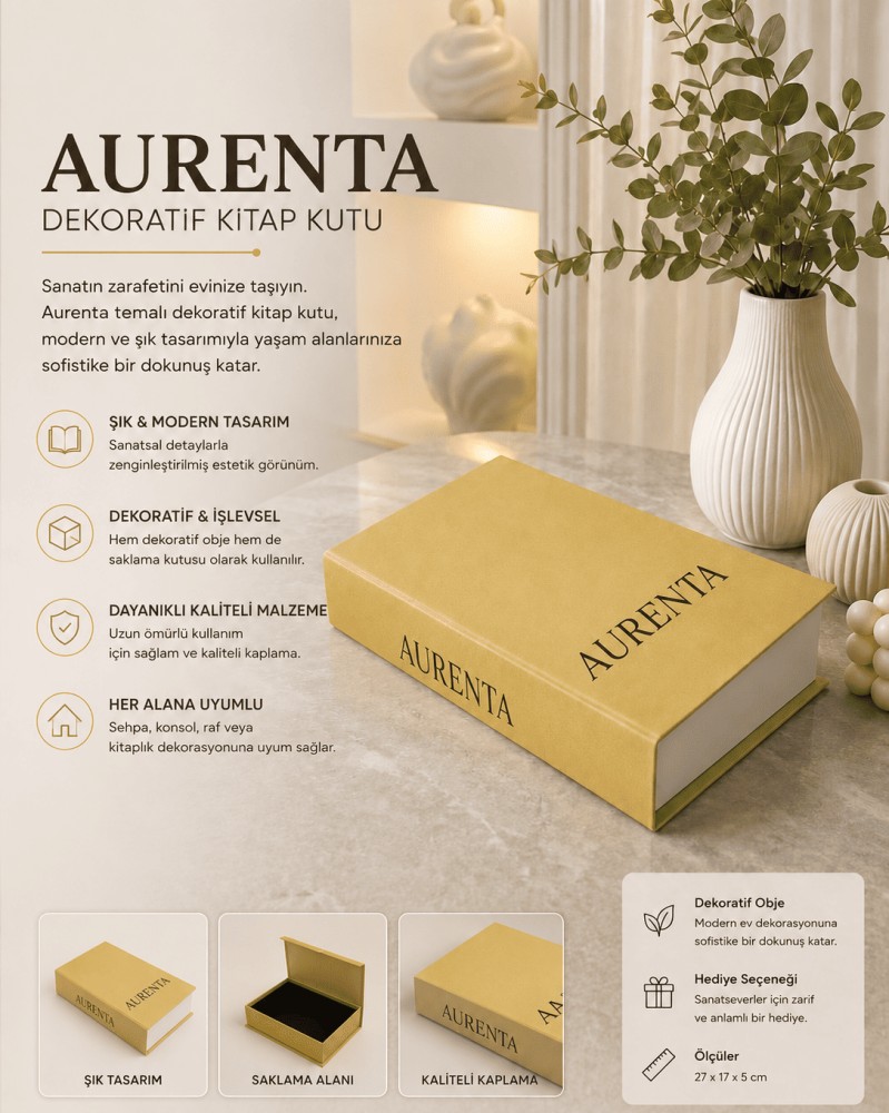 Aurenta Altın Sarısı Dekoratif Kitap Kutu