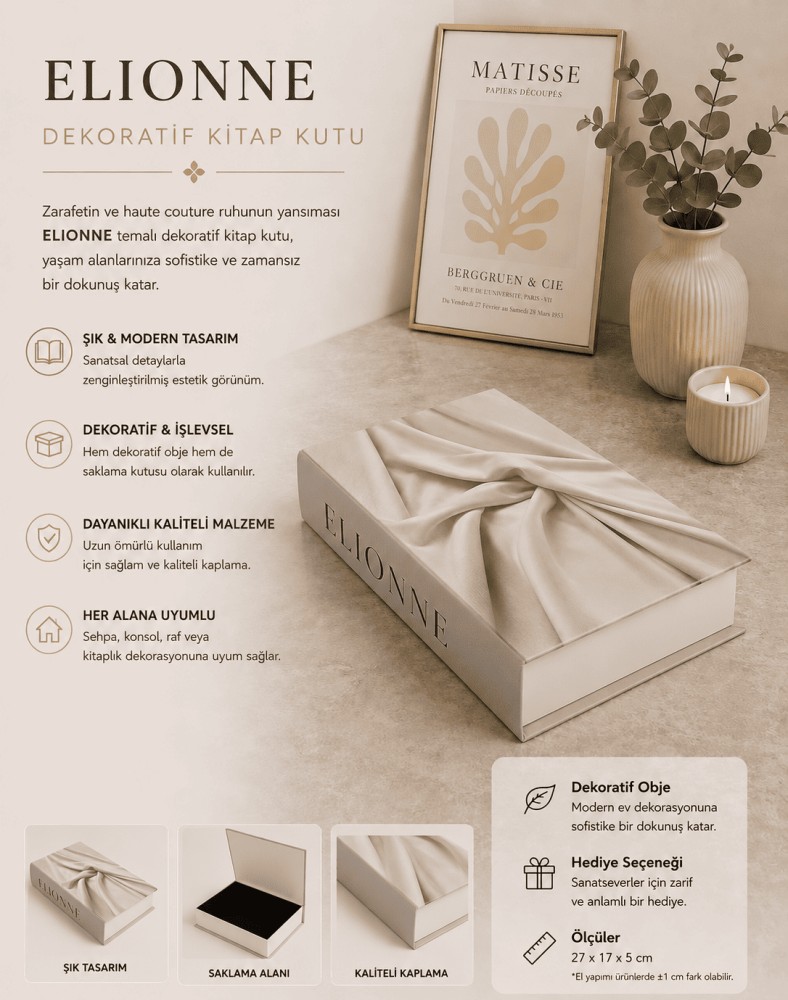 Elionne Krem Dekoratif Kitap Kutu ve Saklama Kutusu