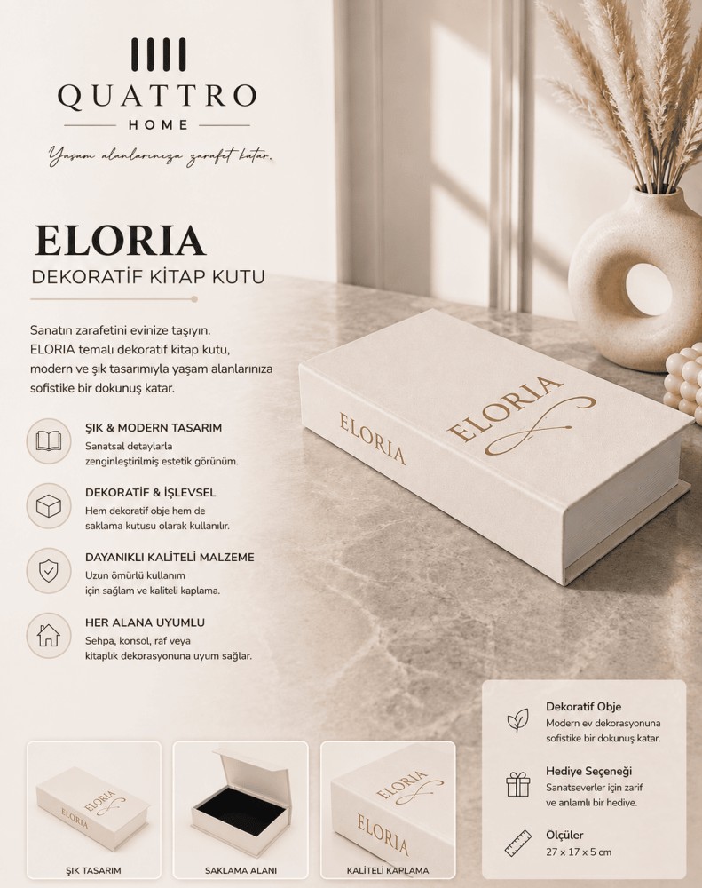 Eloria Krem Altın Detaylı Dekoratif Kitap Kutu