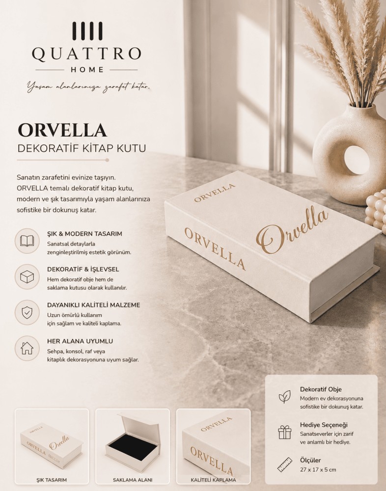 Orvella Krem Altın Detaylı Dekoratif Kitap Kutu