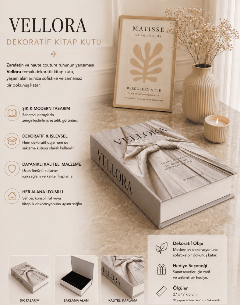 Vellora Krem Dekoratif Kitap Kutu ve Saklama Kutusu