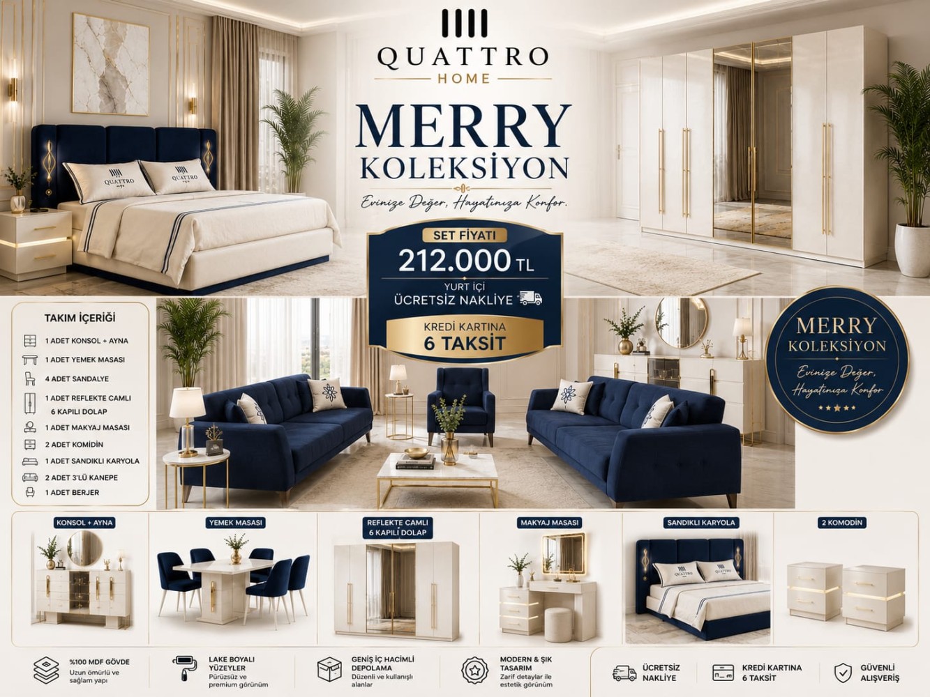 Quattro Home Merry Yatak Odası Takımı | Lake Boyalı 6 Kapılı Gardırop, Sandıklı Baza, Konsol, Yemek Masası ve Oturma Grubu Koleksiyonu