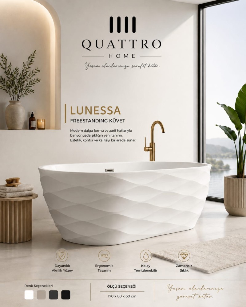 Quattro Home Lunessa Freestanding Küvet 170x80 cm Beyaz Premium Akrilik Küvet