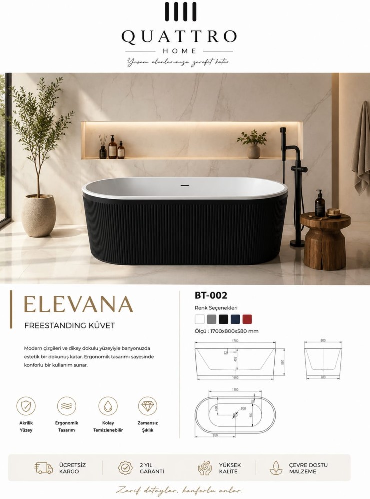 Quattro Home Elevana BT-002 Freestanding Küvet 170x80 cm Siyah Beyaz Premium Akrilik Küvet