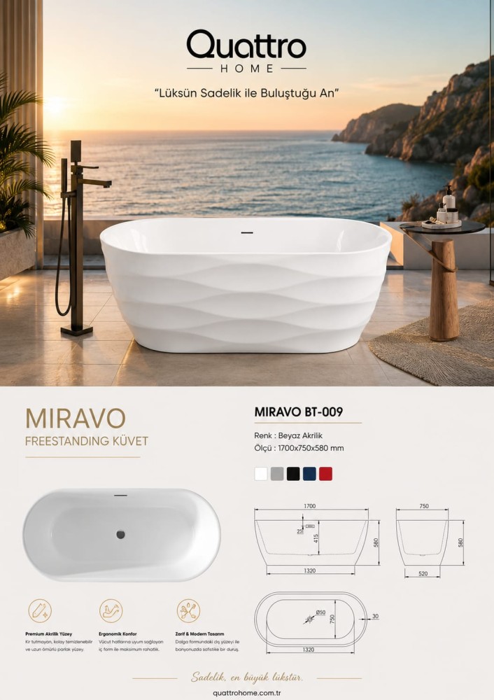 Quattro Home Miravo BT-009 Freestanding Küvet 170x75 cm Beyaz Premium Akrilik Küvet