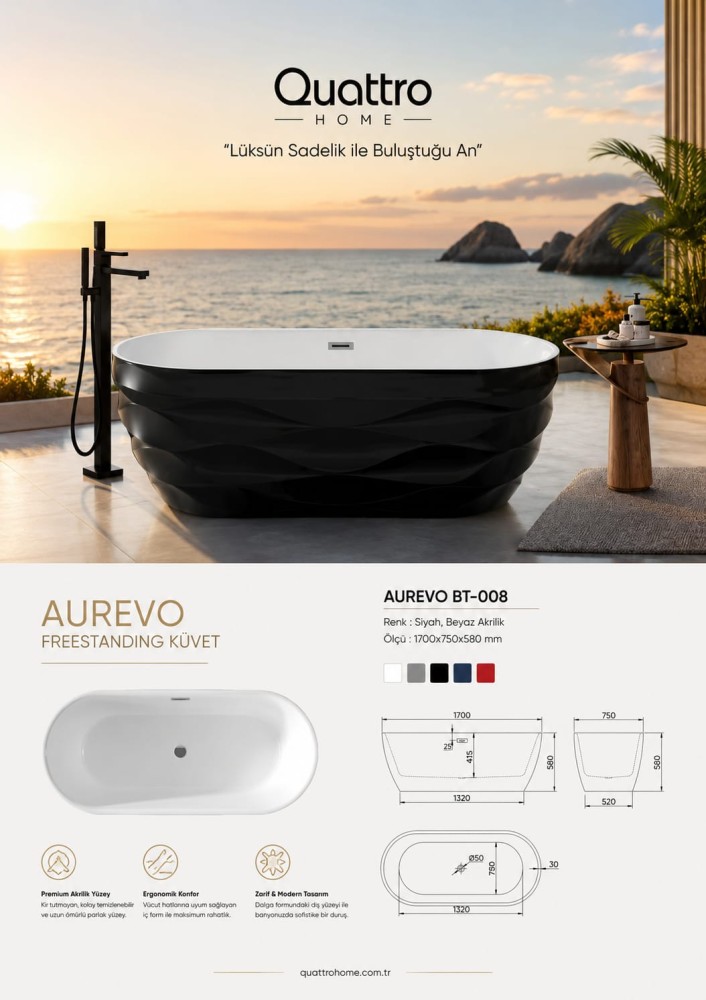 Quattro Home Aurevo BT-008 Freestanding Küvet 170x75 cm Siyah Beyaz Premium Akrilik Küvet