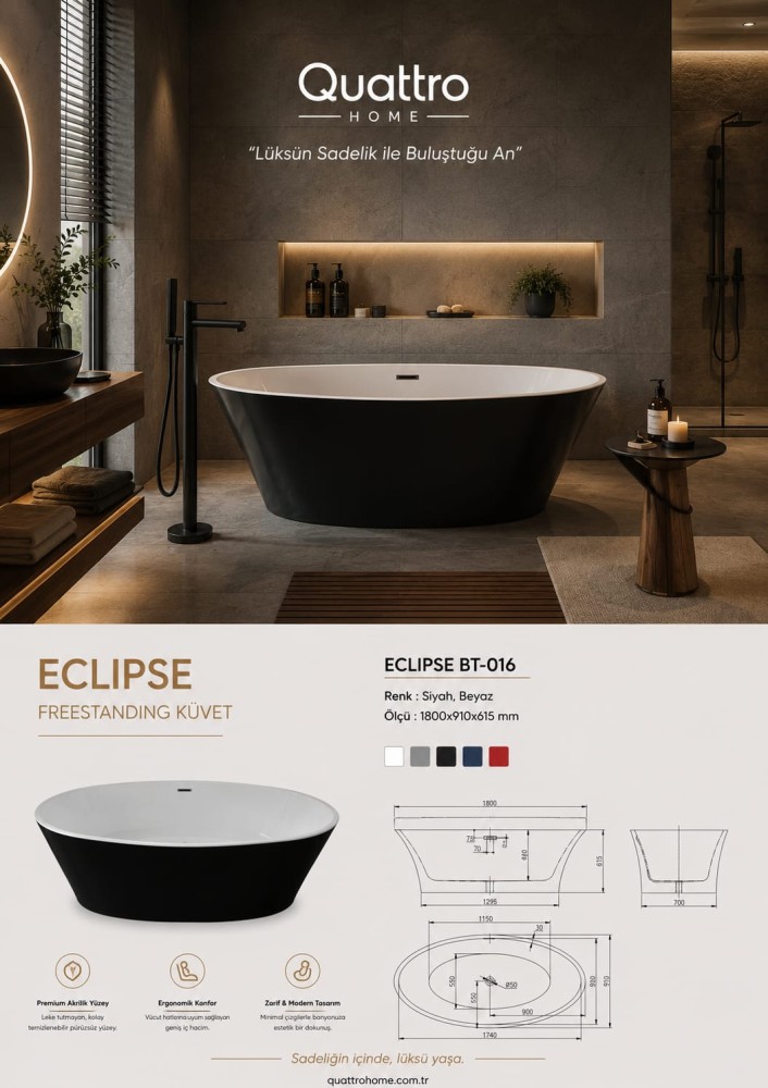 Quattro Home Eclipse BT-016 Freestanding Küvet 180x91 cm Siyah Beyaz Premium Akrilik Küvet