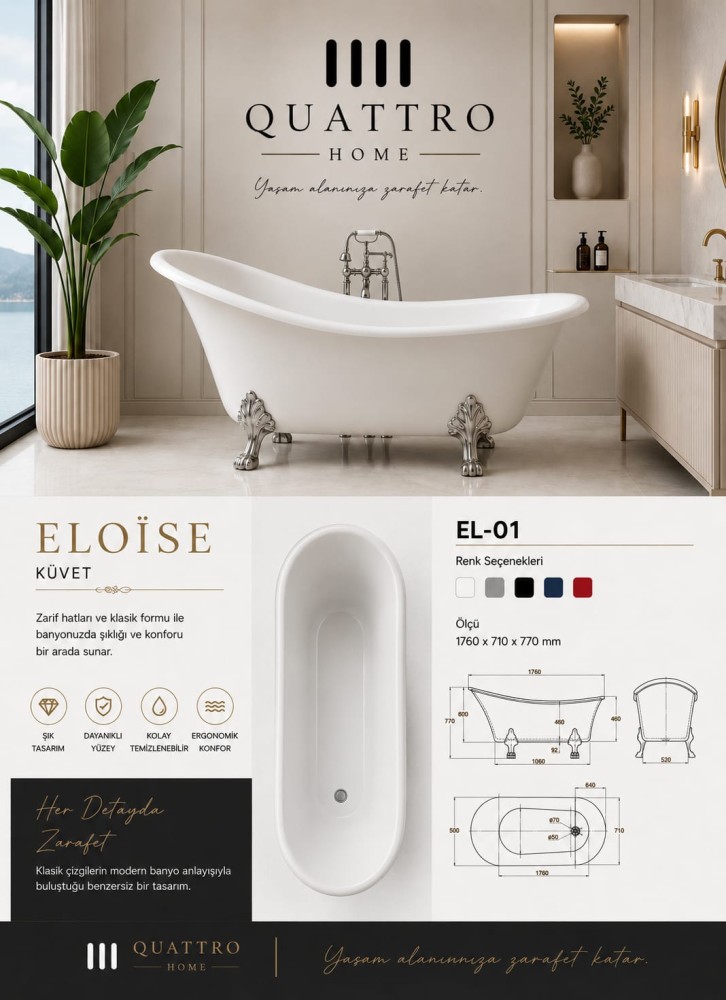 Quattro Home Eloise EL-01 Klasik Freestanding Küvet 176x71 cm Premium Akrilik Ayaklı Küvet