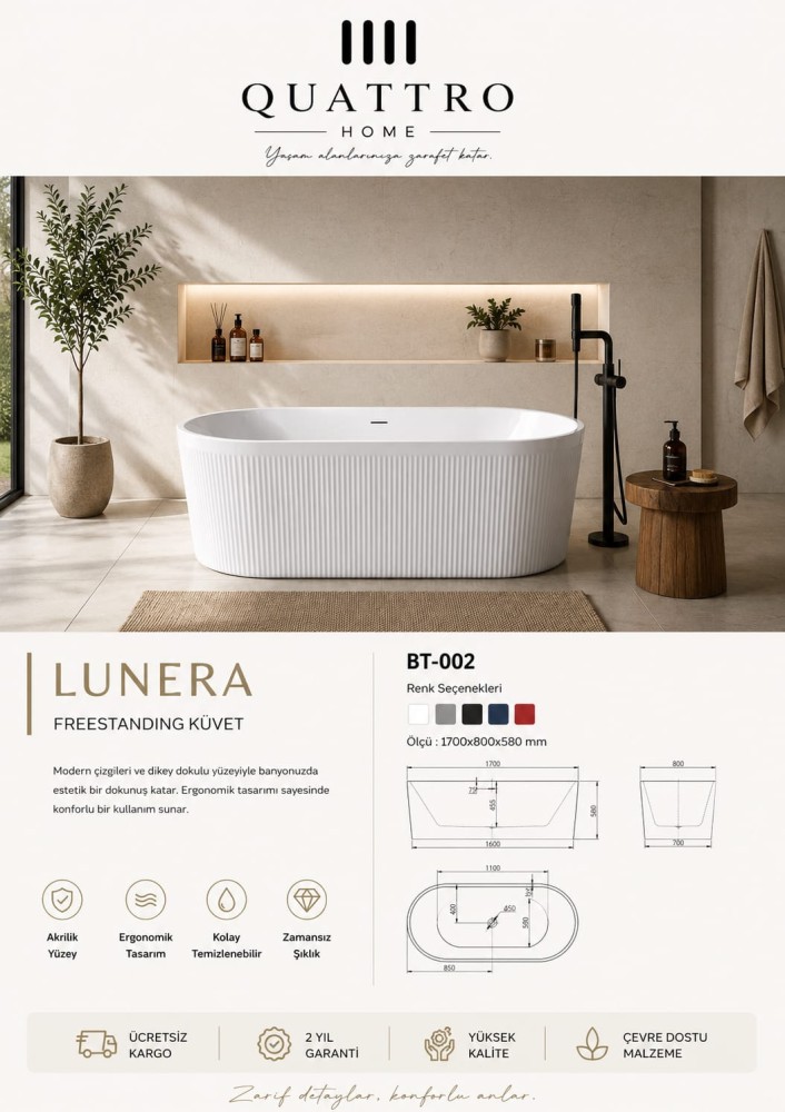 Quattro Home Lunera BT-002 Freestanding Küvet 170x80 cm Modern Akrilik Bağımsız Küvet