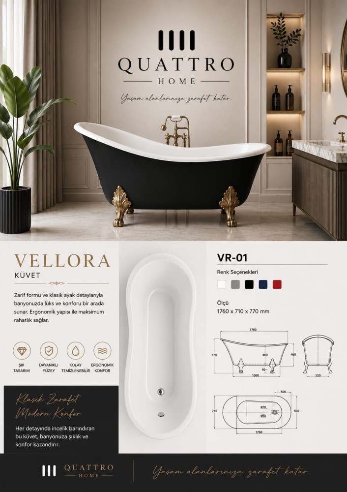 Quattro Home Vellora VR-01 Klasik Freestanding Küvet 176x71 cm Siyah Beyaz Akrilik Küvet