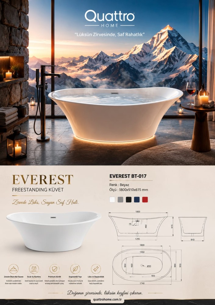 Quattro Home Everest BT-017 Freestanding Küvet 180x91 cm Premium Akrilik Bağımsız Küvet