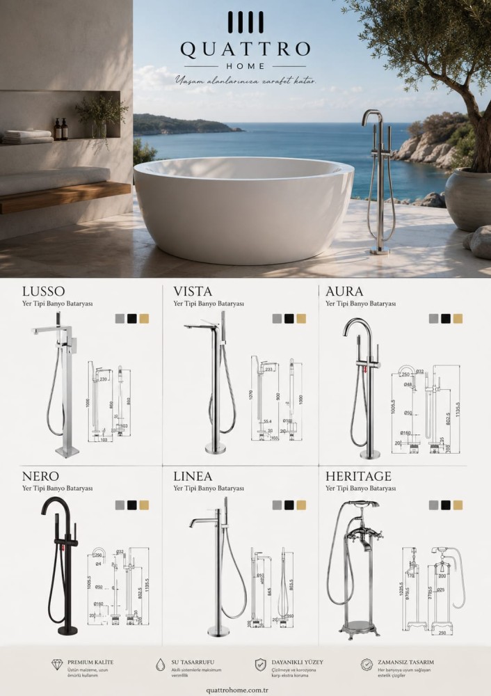 Quattro Home Premium Yer Tipi Banyo Bataryası Serisi | Lusso, Vista, Aura, Nero, Linea, Heritage