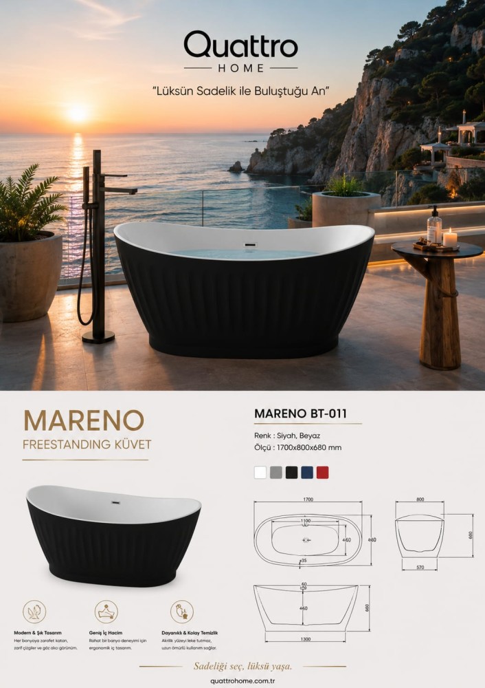 Quattro Home Mareno BT-011 Freestanding Küvet 170x80 cm Siyah Beyaz Akrilik Bağımsız Küvet