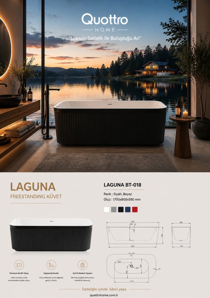 Quattro Home Laguna BT-018 Freestanding Küvet 170x80 cm Siyah Beyaz Akrilik Bağımsız Küvet