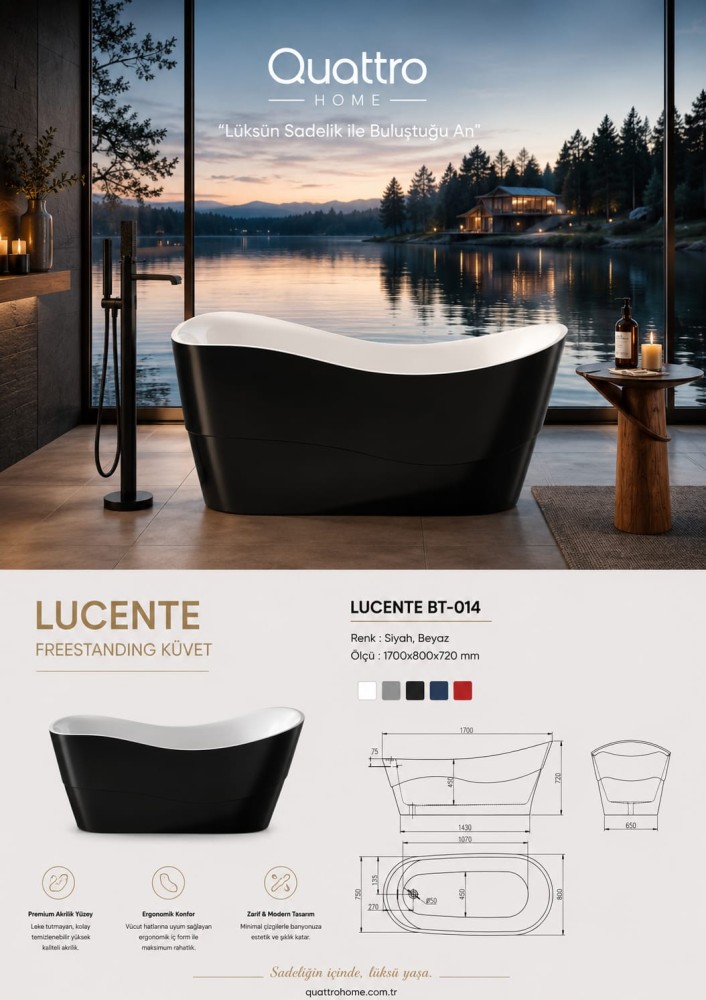 Quattro Home Lucente BT-014 Freestanding Küvet 170x80 cm Siyah Beyaz Akrilik Bağımsız Küvet