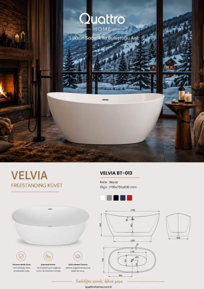 Quattro Home Velvia BT-013 Freestanding Küvet 170x75 cm Modern Akrilik Bağımsız Küvet