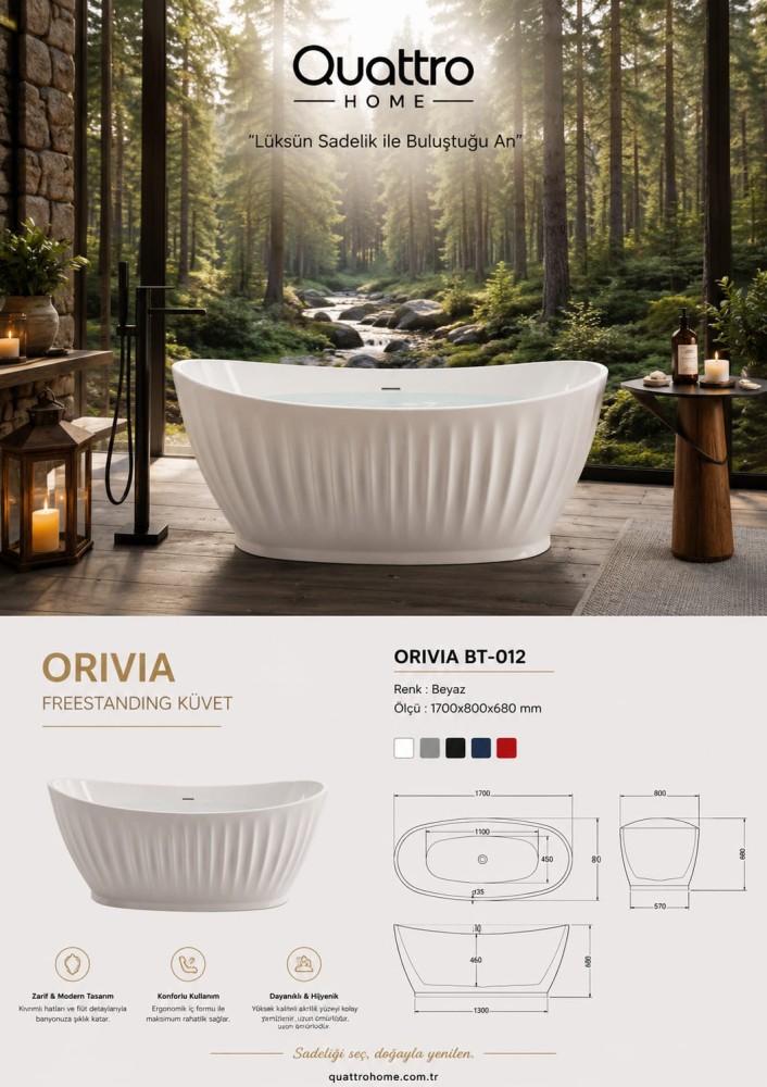 Quattro Home Orivia BT-012 Freestanding Küvet 170x80 cm Modern Akrilik Bağımsız Küvet