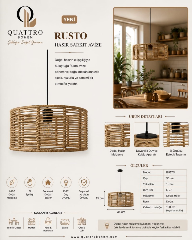 Quattro Home Rusto Doğal Hasır Sarkıt Avize 35 cm – El Örgüsü E27 Bohem Avize
