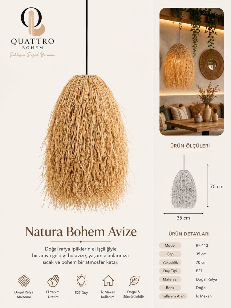 Quattro Home Natura Doğal Rafya Bohem Sarkıt Avize 35 × 70 cm – El Yapımı E27 Avize